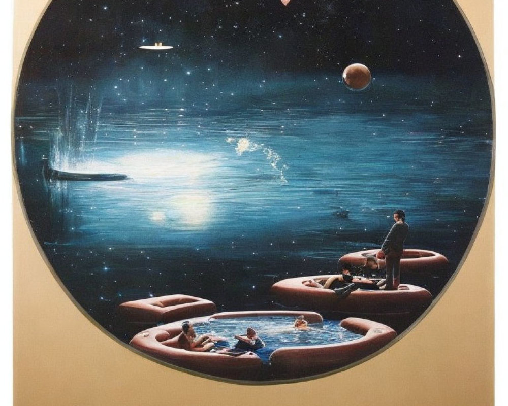People on circular floats in space-themed pool