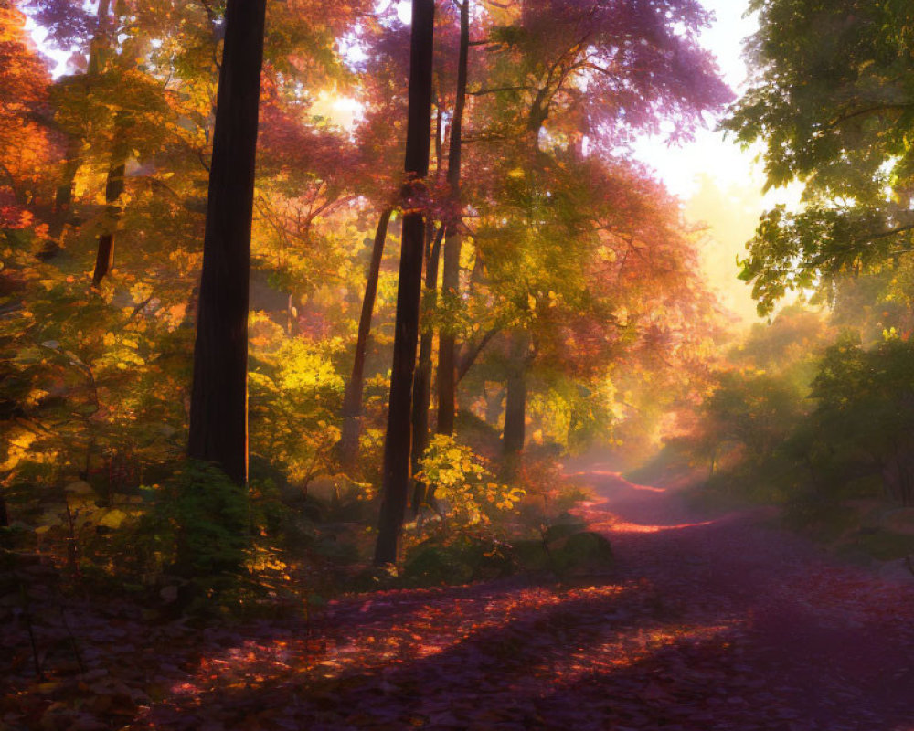 Tranquil forest scene with warm pink and golden hues amid autumn trees