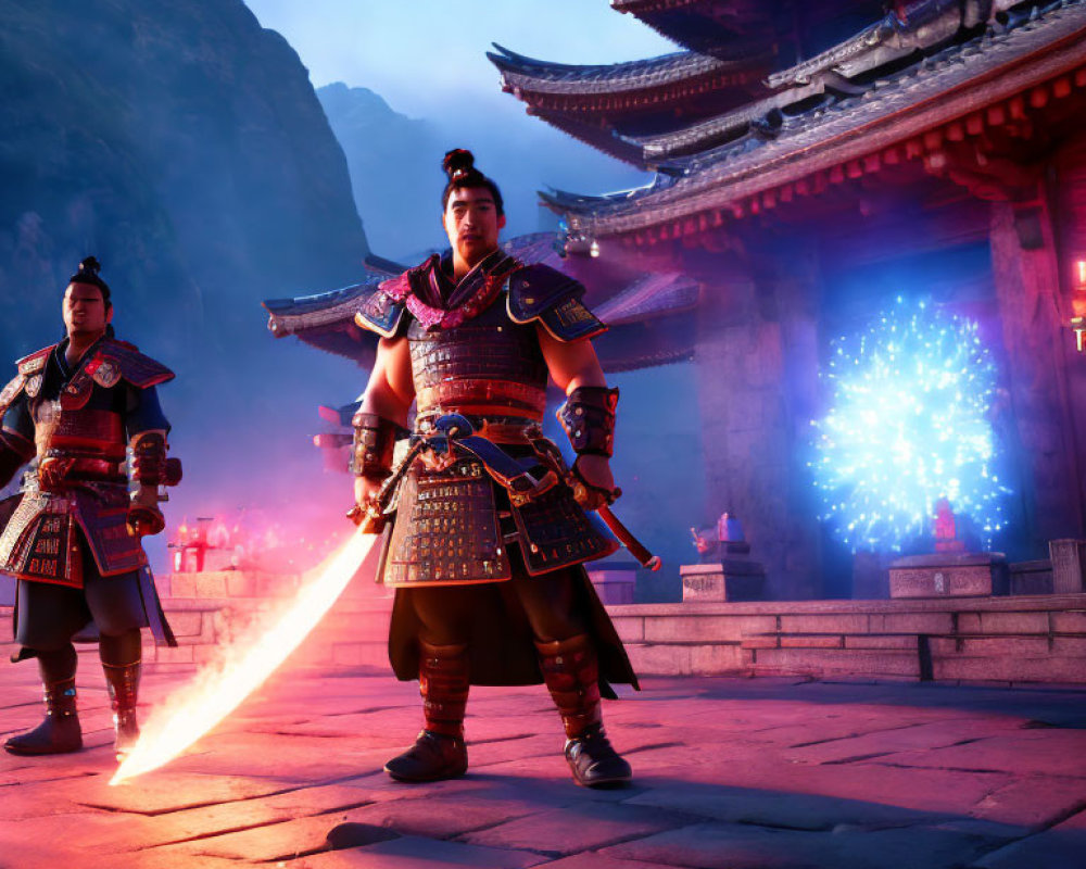 Three warriors in traditional armor with mystical sword and fireworks.