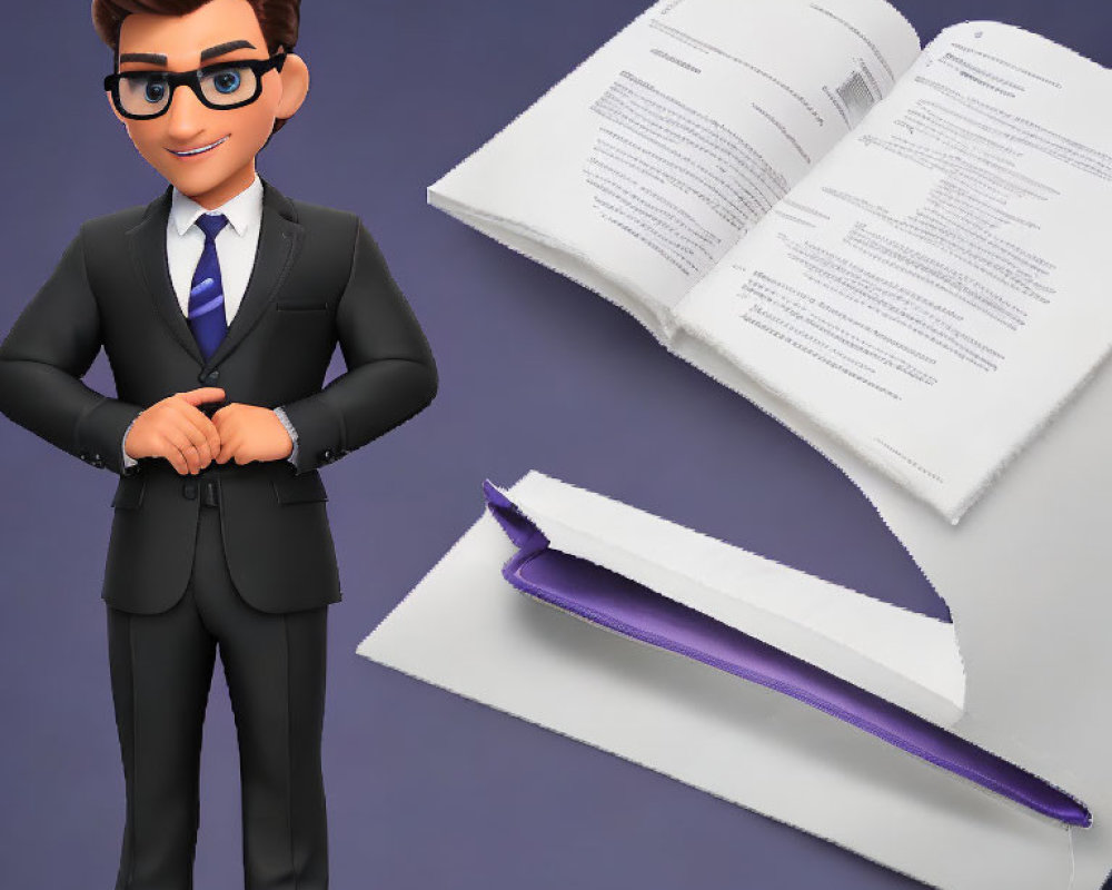 Brown-haired character in glasses, black suit, next to open book