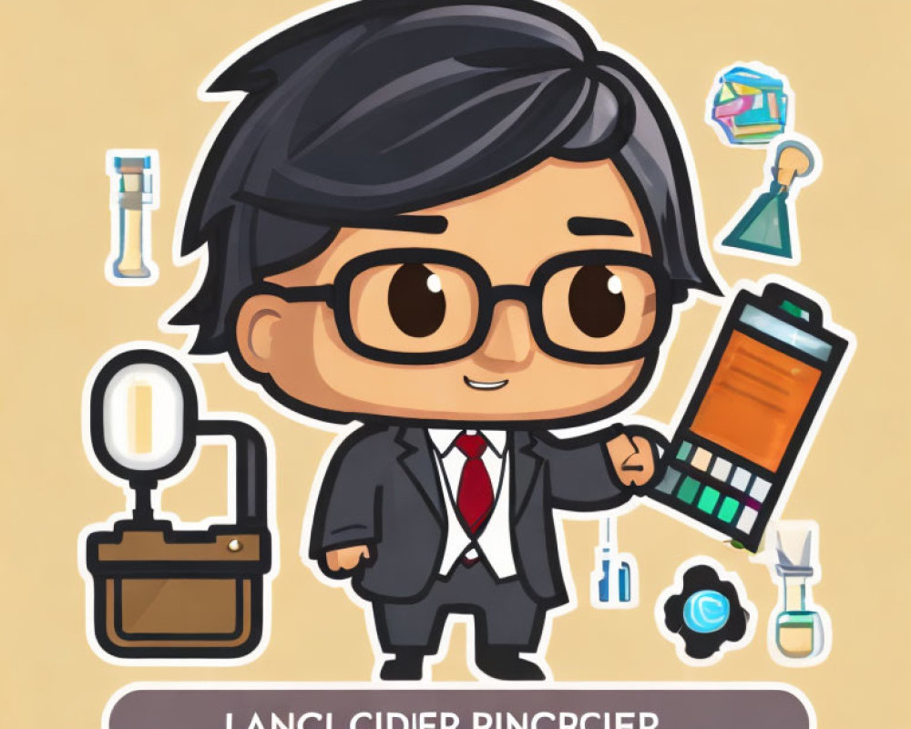 Character with glasses and suit holding color samples in lab setting.