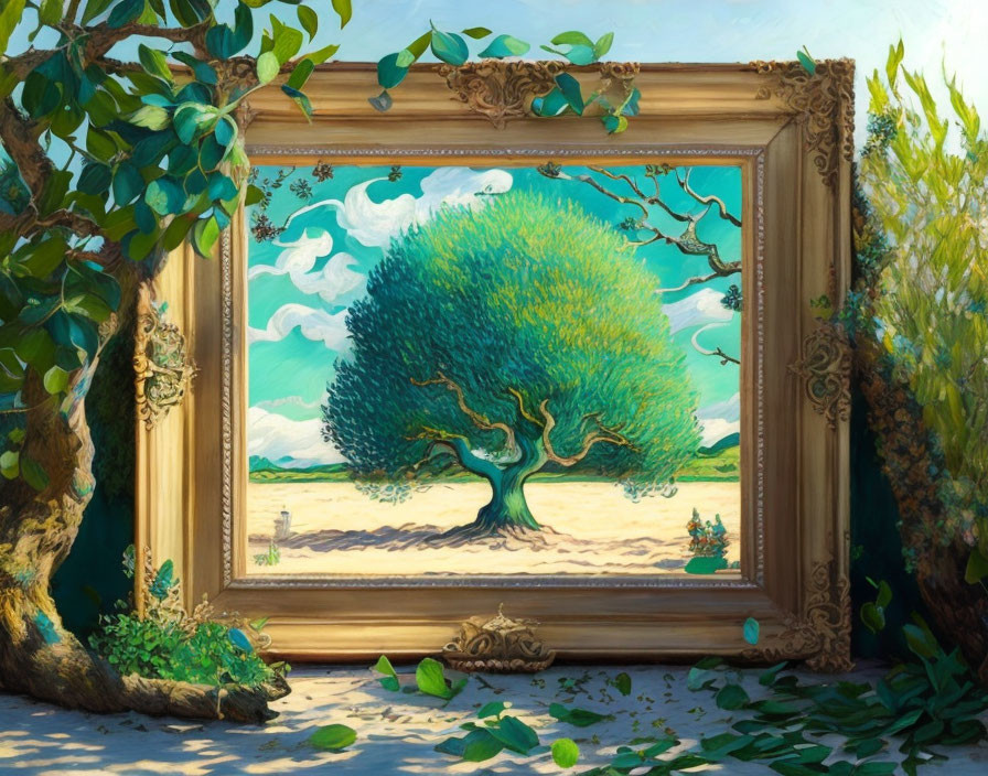 Surreal illustration of lush tree in ornate frame against painterly sky