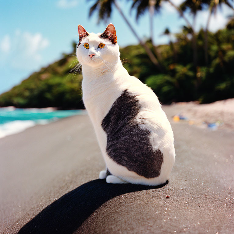 White Cat with Grey Patches and Yellow Eyes on Sandy Beach