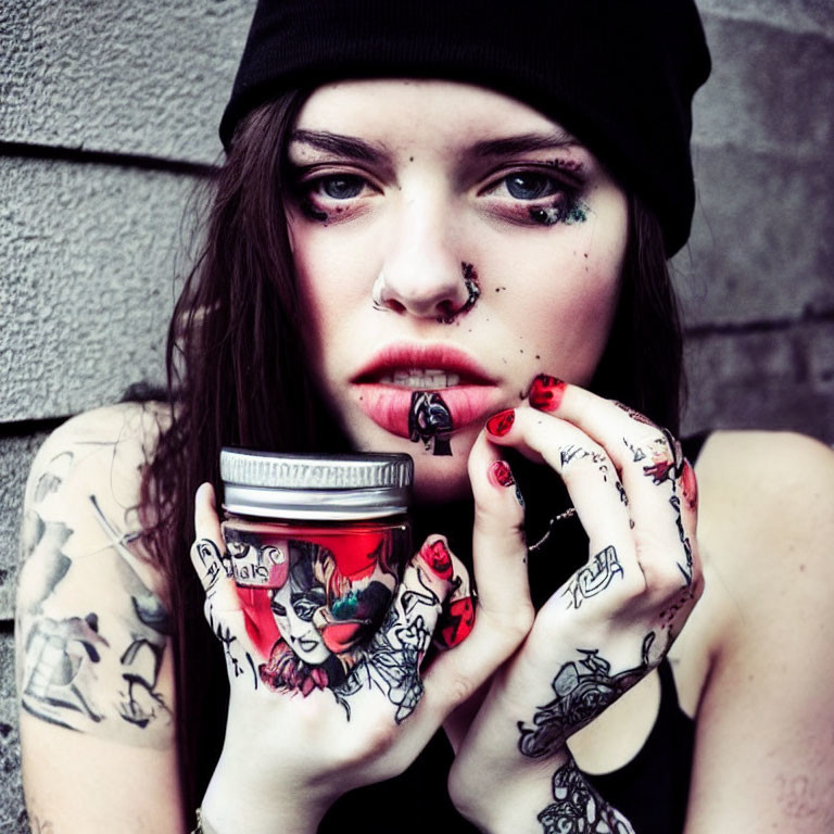 Tattooed person with graphic jar, beanie, and intense gaze against brick wall