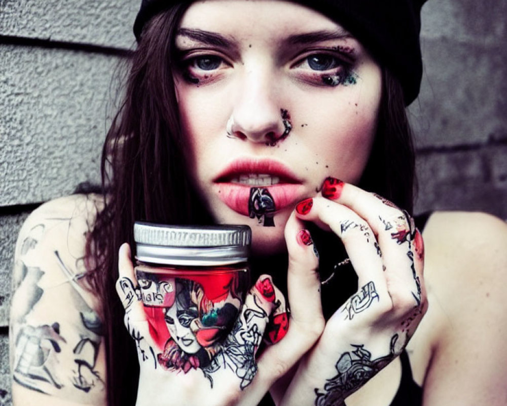 Tattooed person with graphic jar, beanie, and intense gaze against brick wall