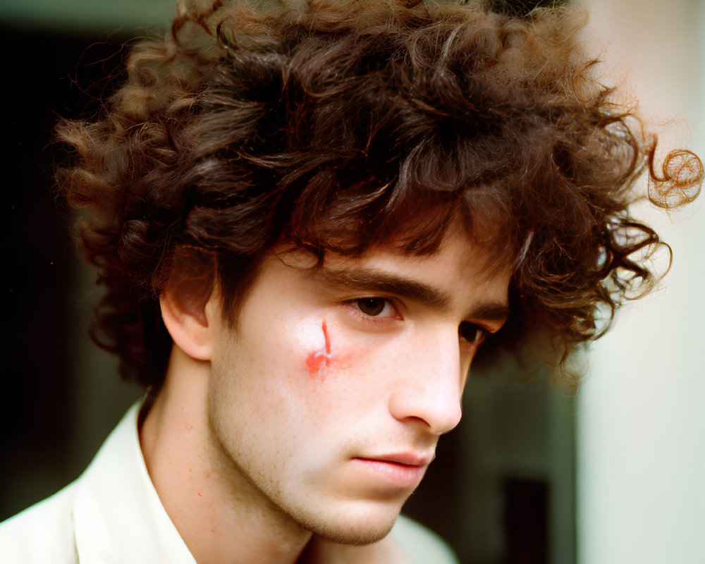 Young man with curly hair and serious expression with small cut under left eye