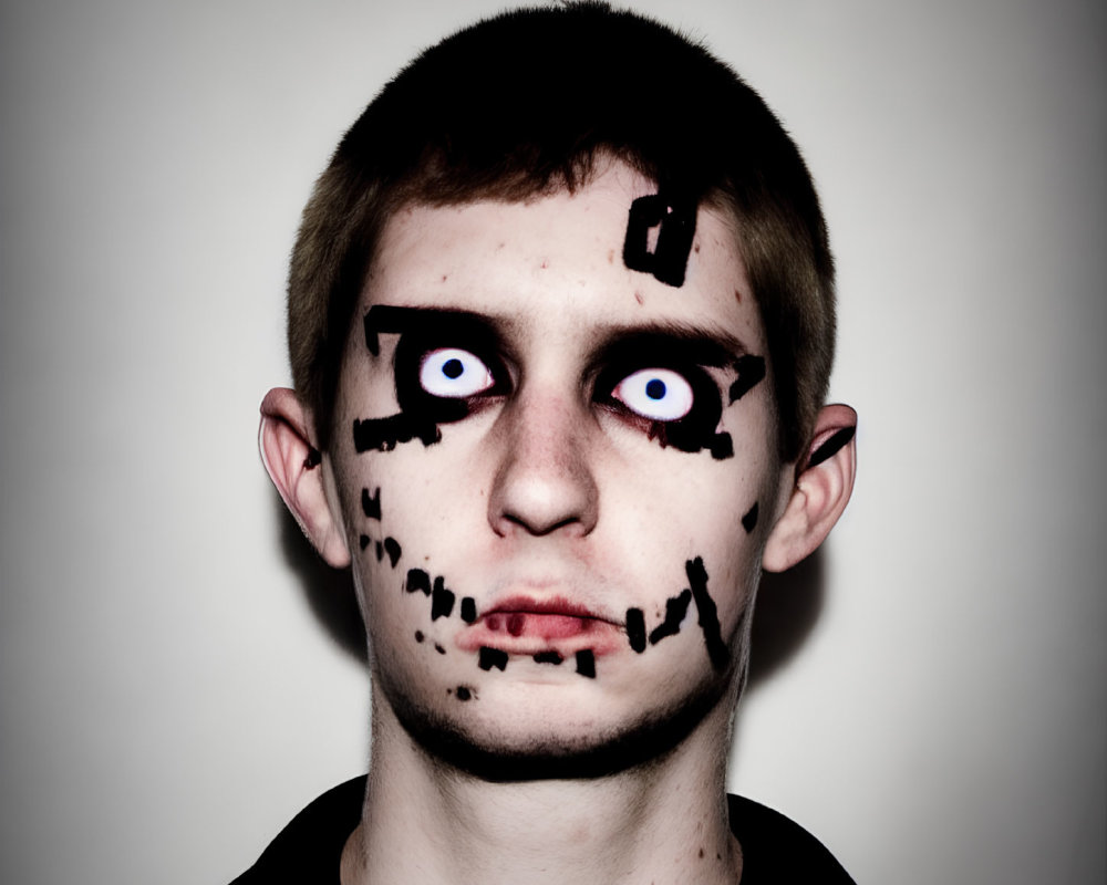 Person with face paint resembling cartoon character: exaggerated black lines, blue eyes