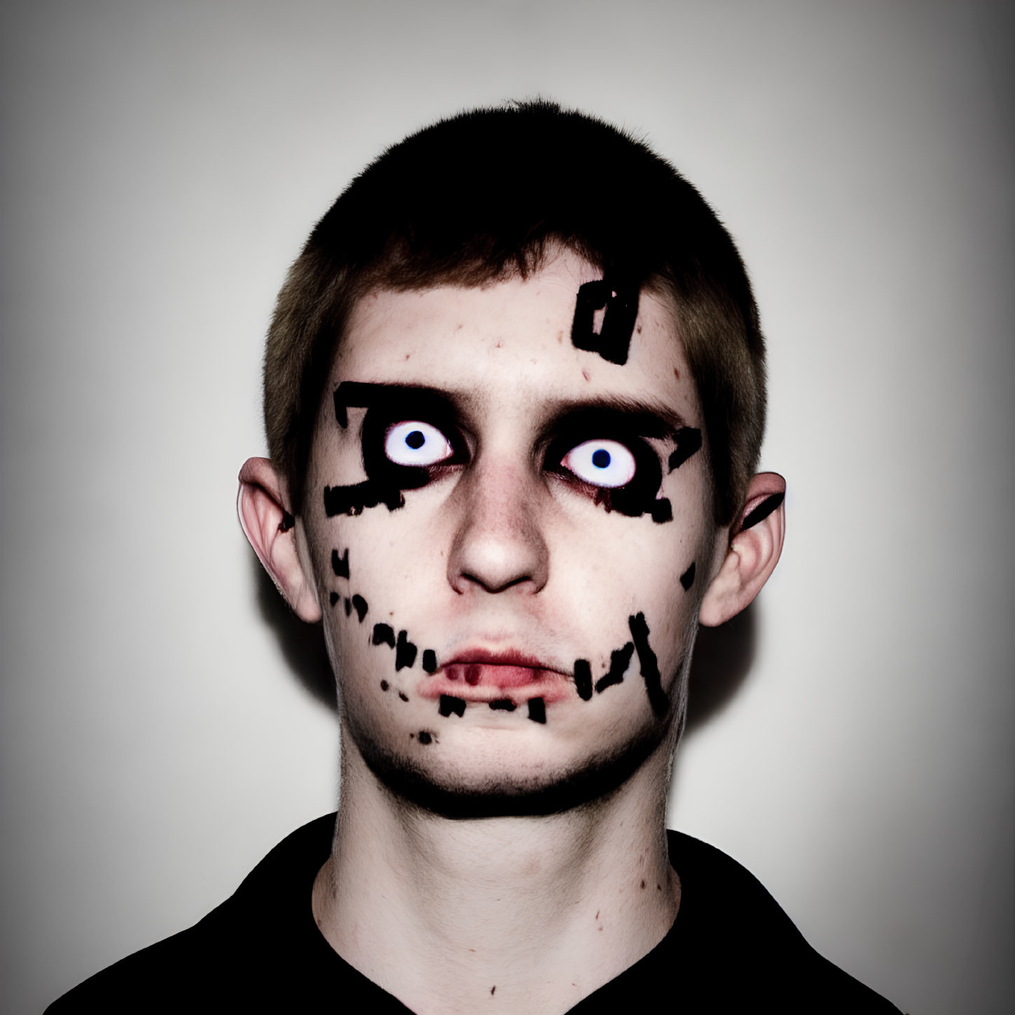 Person with face paint resembling cartoon character: exaggerated black lines, blue eyes