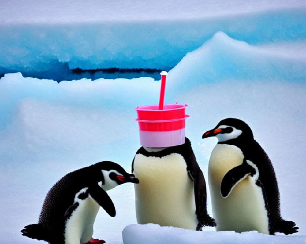 Three penguins on ice observing a pink drink with a straw on a glacial background