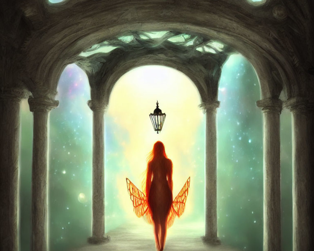 Silhouetted figure with wings in arched corridor under luminous sky