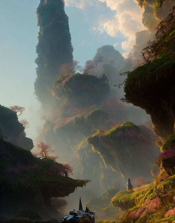 Mystical landscape with towering rock formations and pink blossoms in misty setting.