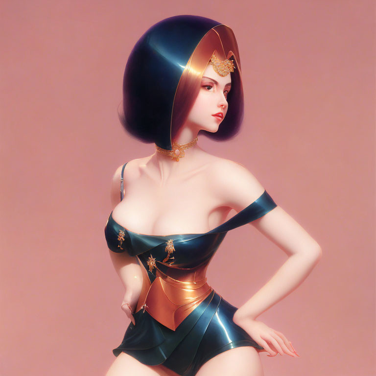 Stylized digital illustration of woman with sleek bob haircut in futuristic gold and teal outfit.