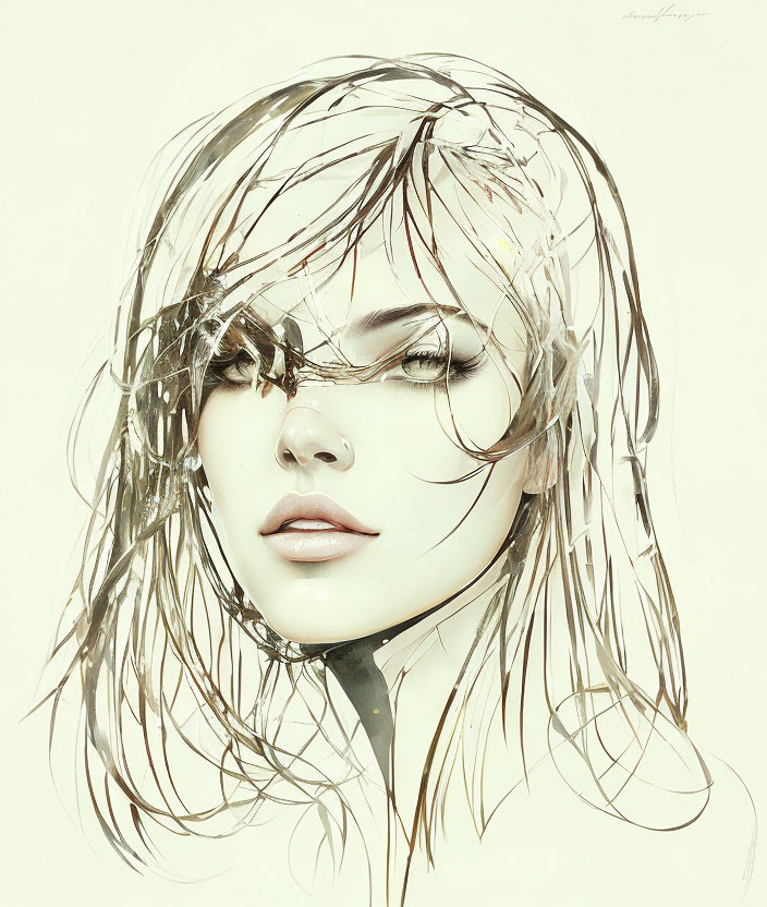 Monochromatic digital artwork of woman's face with translucent hair tendrils