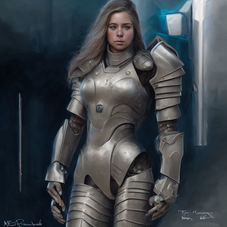 Futuristic digital artwork of woman in silver armor with sword in blueish-grey setting