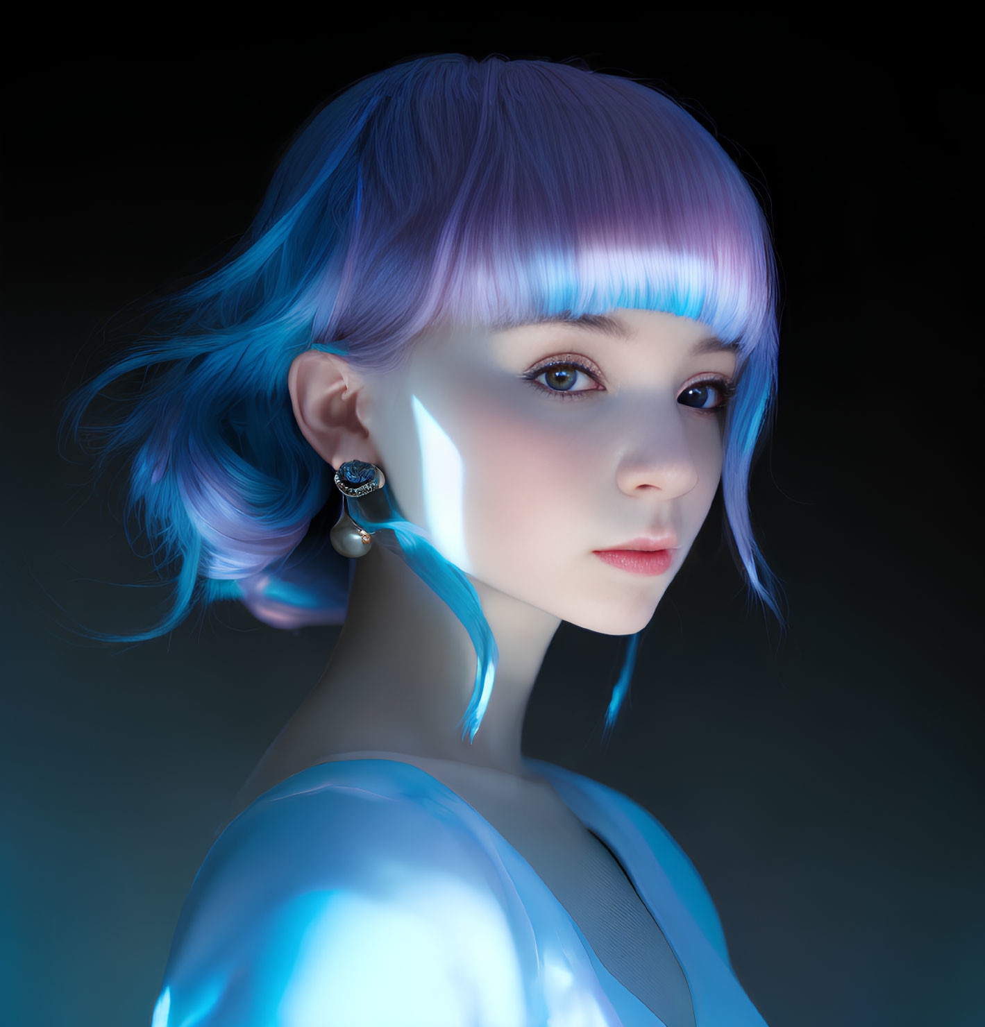 Portrait of person with pastel blue hair and bangs under soft blue light