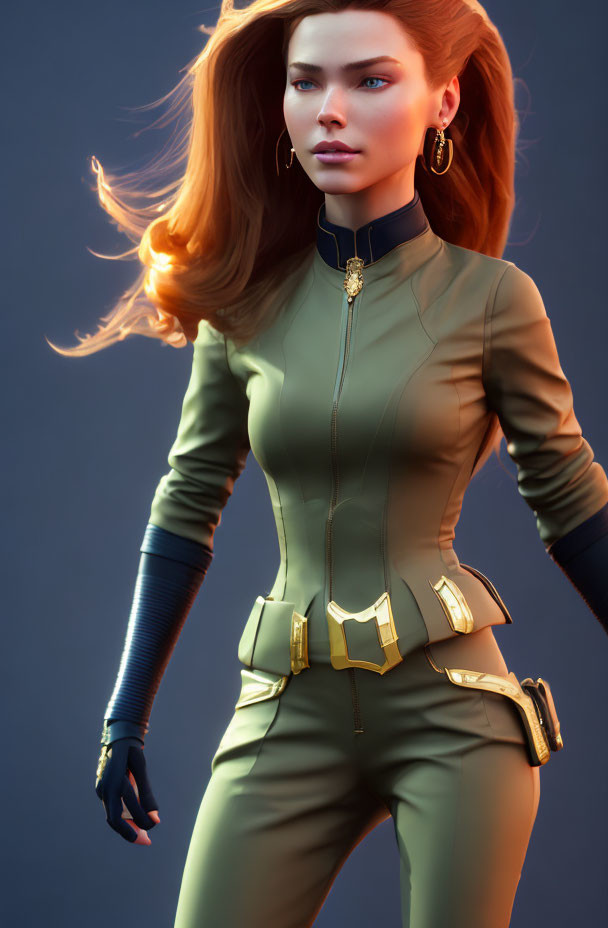 Digital artwork of a woman in futuristic olive jumpsuit with flowing red hair