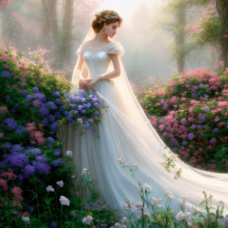 Woman in white gown with floral crown surrounded by vibrant flowers in misty forest