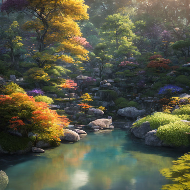 Tranquil Japanese Garden with Autumnal Trees and Stream
