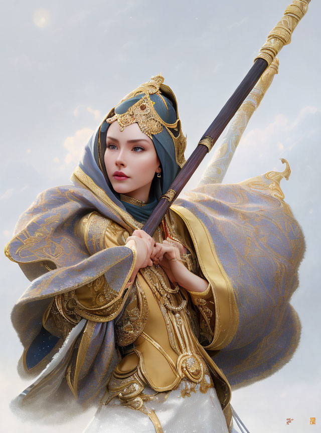 Woman in ornate gold-trimmed robes and headdress with staff against cloudy sky.