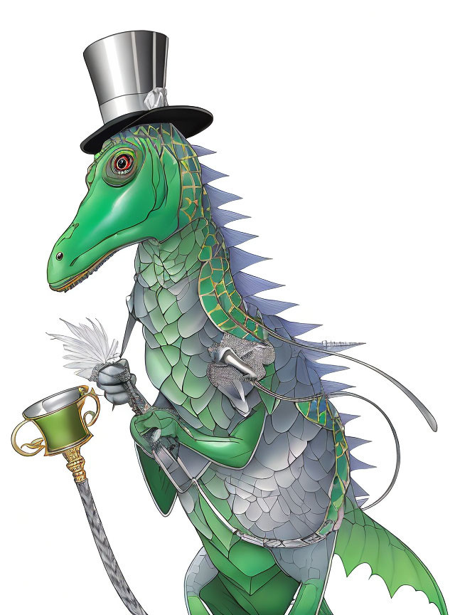 Elegant anthropomorphic dinosaur in suit and top hat with cane and cup