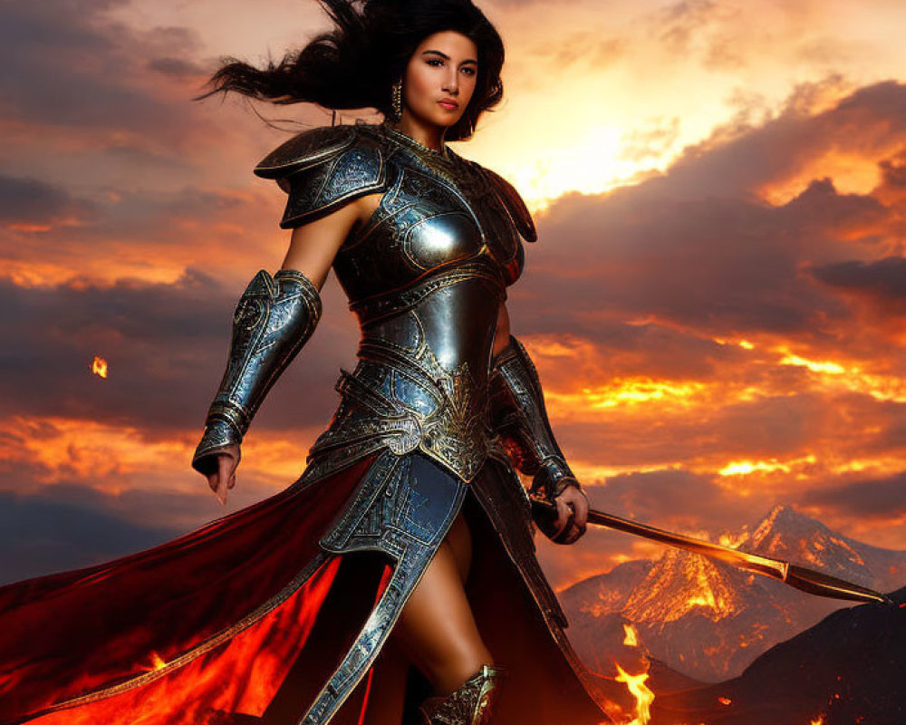 Female warrior in ornate armor in fiery volcanic landscape