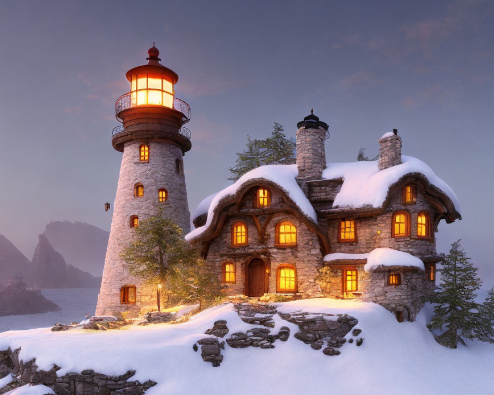 Snow-covered stone cottage with glowing windows attached to a quaint lighthouse at twilight