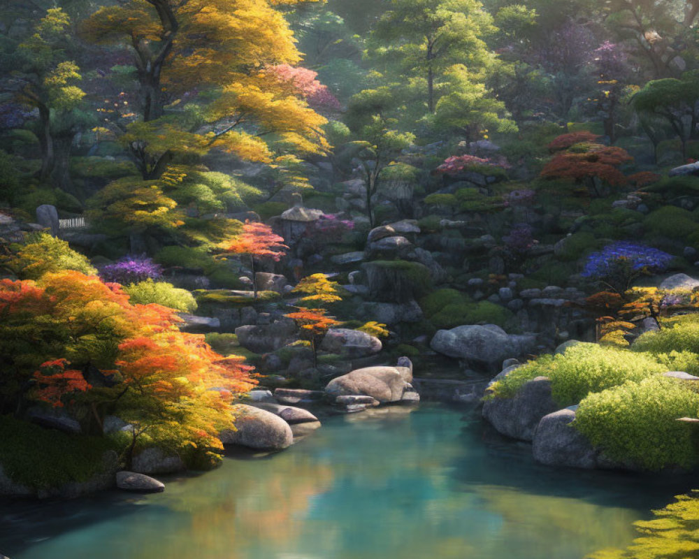 Tranquil Japanese Garden with Autumnal Trees and Stream
