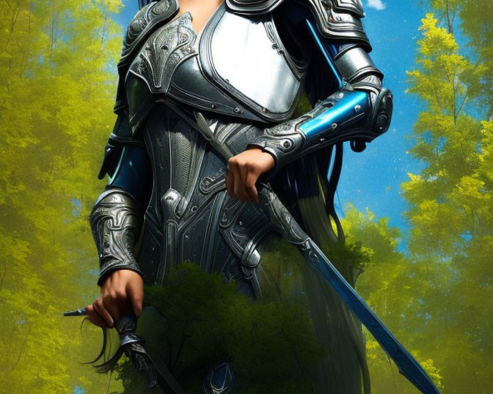 Female warrior digital artwork in ornate armor with sword in forest setting