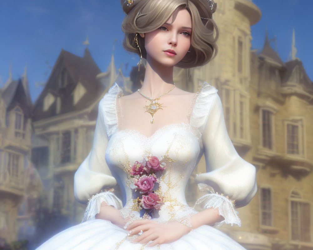 Digital artwork: Woman as princess with tiara, necklace, white flower dress by castle