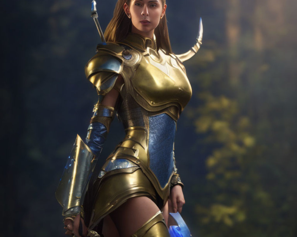 Female Warrior in Golden Armor with Sword in Forest Setting