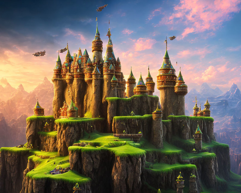 Majestic castle with spires on green cliff, flying machines, and floating islands at sunset