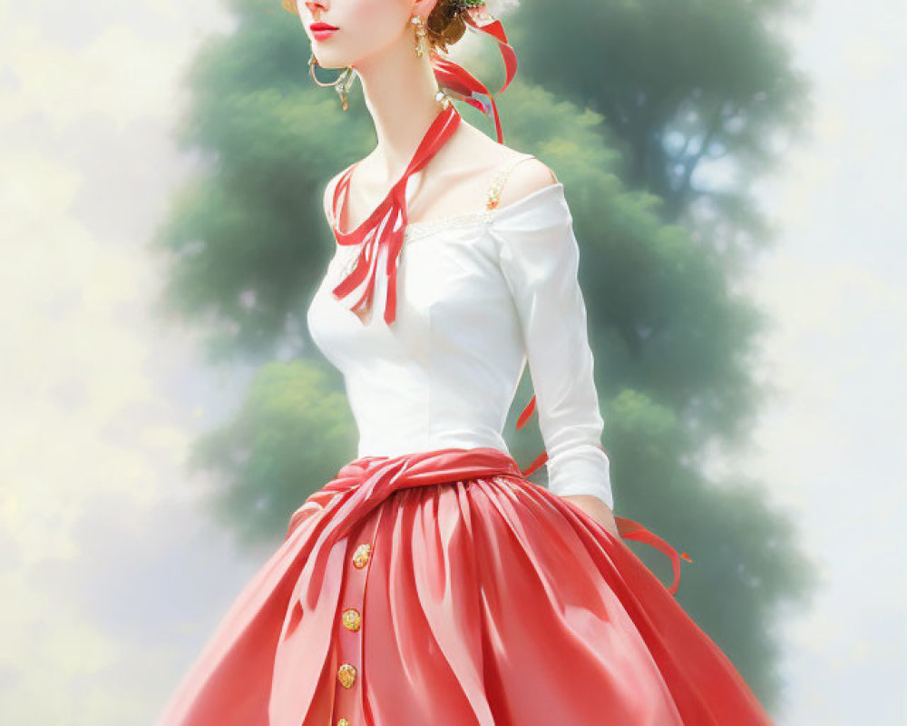 Digital painting of woman in white blouse and red skirt with gold accents and floral headpiece.