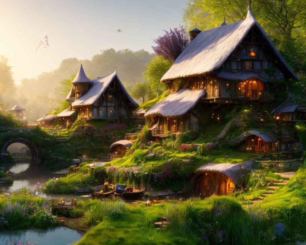Enchanting Thatched Roof Cottages in Green Landscape