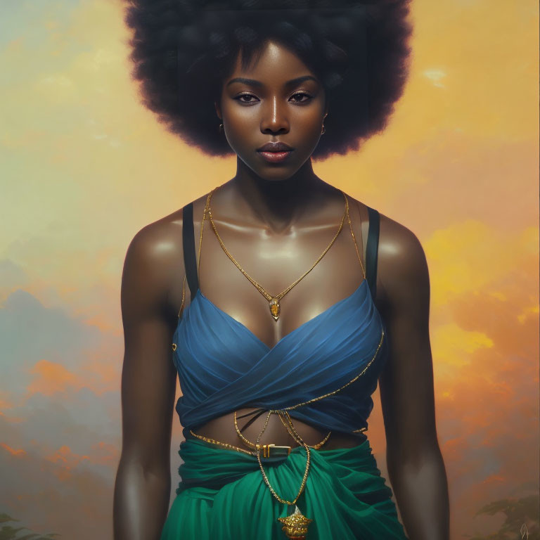 Digital portrait of woman with large afro in blue and green dress against warm sunset sky