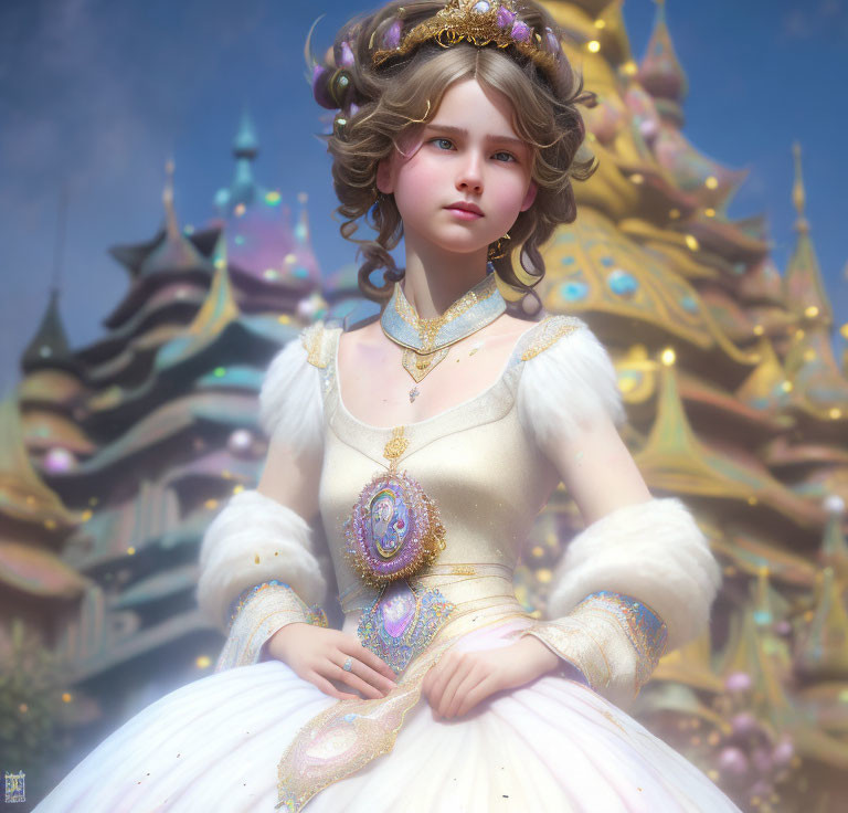 Young girl in white and gold princess dress with jewelry in front of fantasy castle.