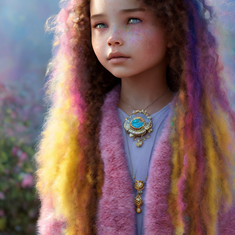 Multicolored curly-haired girl in gemstone necklace and pastel coat amidst misty floral background