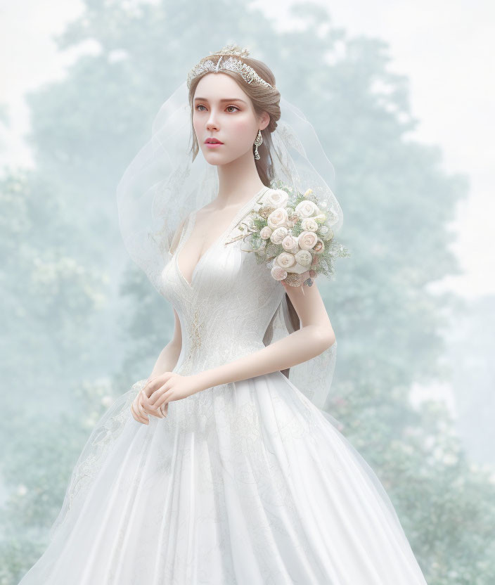 Bride in white gown with tiara and veil holding bouquet against misty background