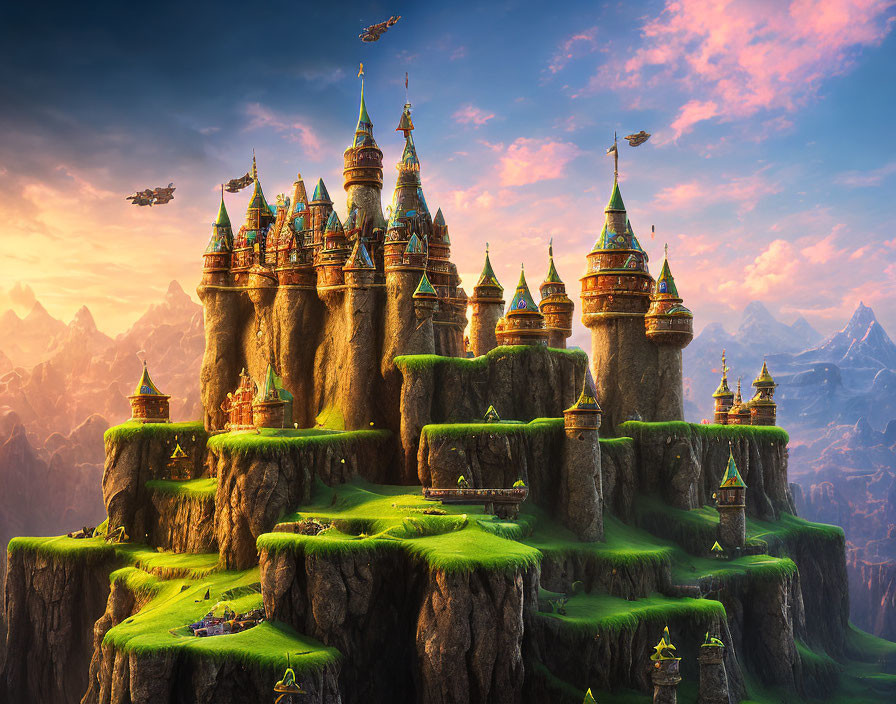 Majestic castle with spires on green cliff, flying machines, and floating islands at sunset