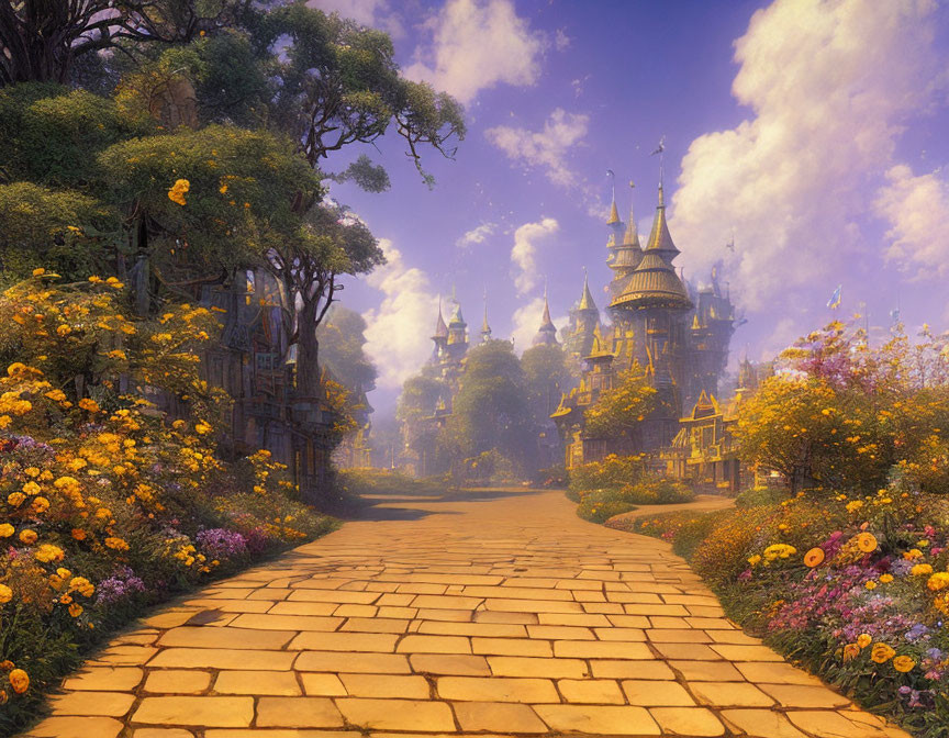 Enchanting fairytale landscape with castle, gardens, and purple sky
