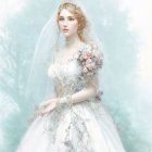 Detailed White Gown and Veil on Elegant Bride in Ethereal Blue Setting