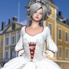 Digital artwork: Woman as princess with tiara, necklace, white flower dress by castle