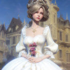Young girl in white and gold princess dress with jewelry in front of fantasy castle.