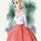 Digital painting of woman in white blouse and red skirt with gold accents and floral headpiece.
