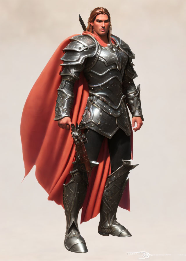 Detailed digital artwork of valiant knight in silver armor with red cape and sword.