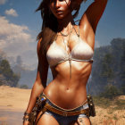 Tan female character in white top, gold chains, and blue waistcloth in sunny floral landscape