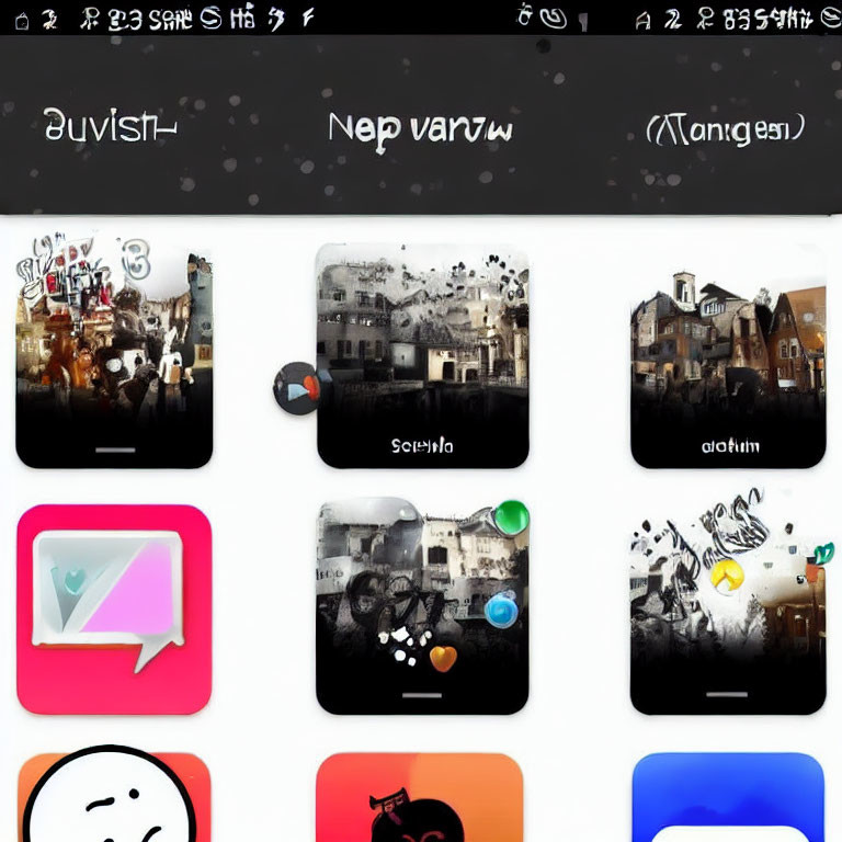 Customized smartphone screen with artistic, grungy app icons on dark background.