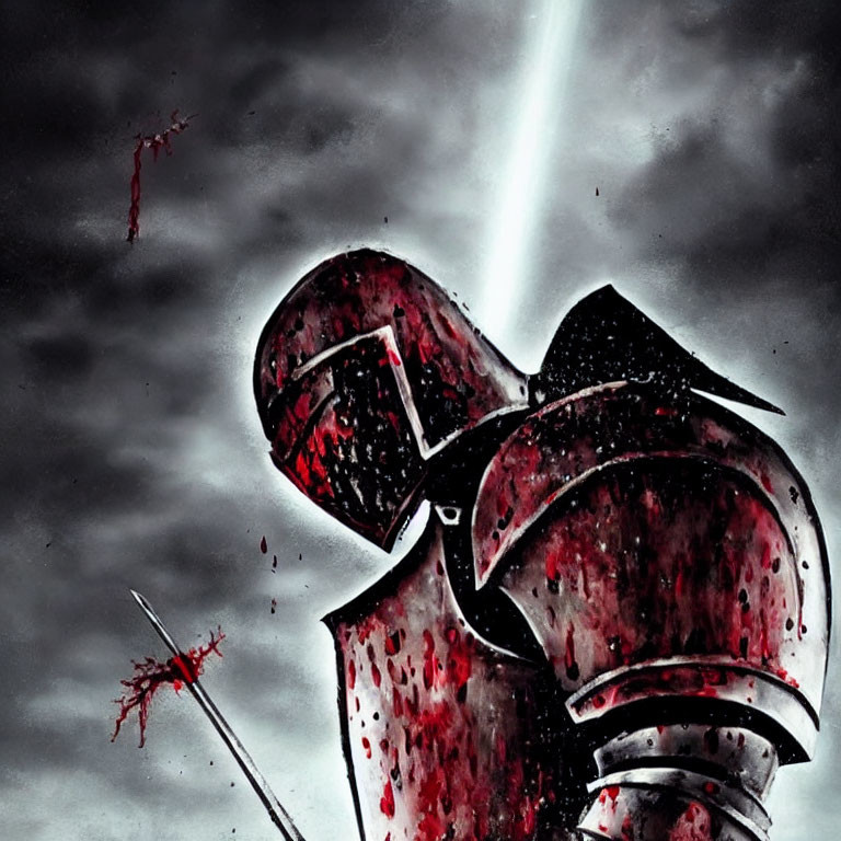 Blood-splattered knight in armor under beam of light in stormy sky