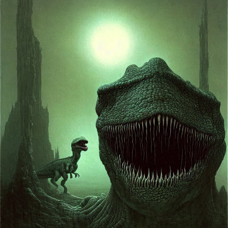 Enormous dinosaur with sharp teeth confronts smaller dinosaur under green sky