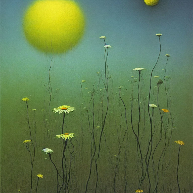 Dandelions and Stems on Verdant Backdrop with Blurred Yellow Orbs