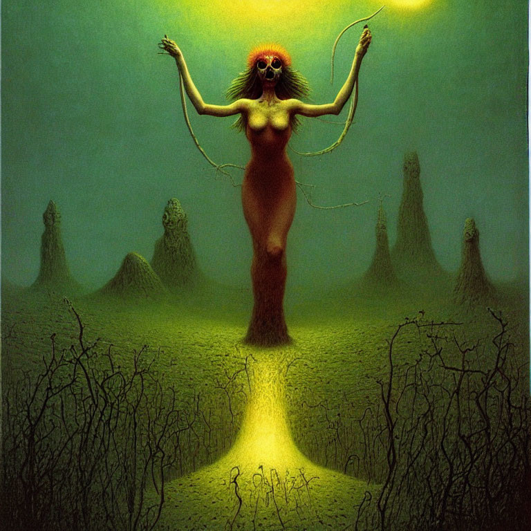 Fantastical nude humanoid with red hair wearing eye-adorned mask in surreal green landscape